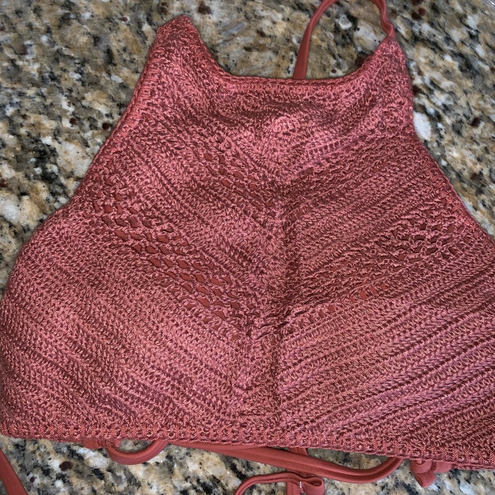 Maroon knitted bikini top with high neck